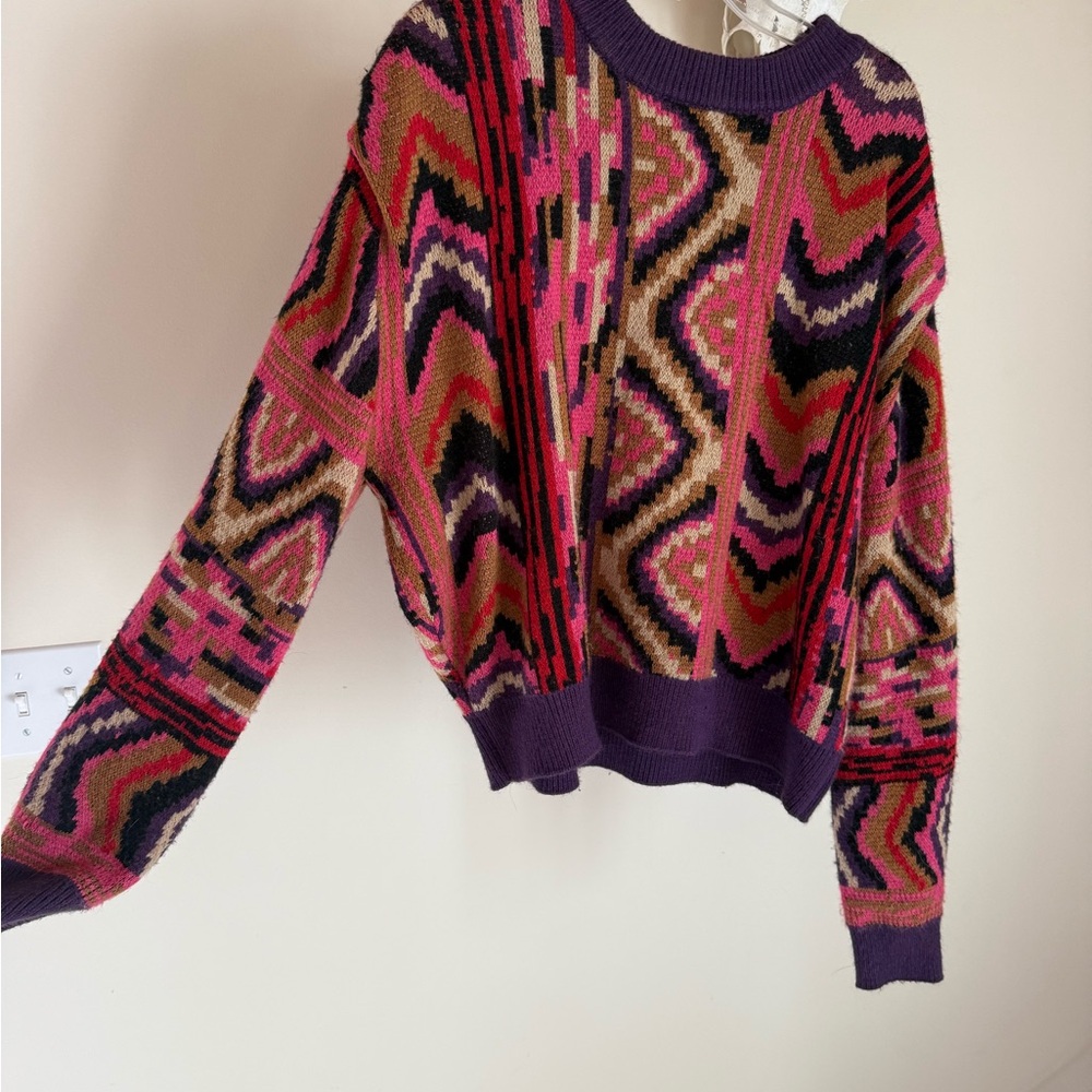 FARM Rio Multicolor Geometric Crewneck Sweater - Purple, Pink & Tan
